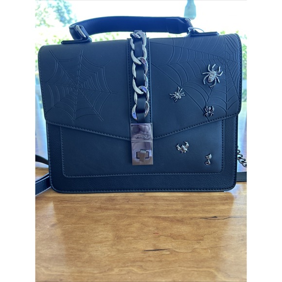 VHTF Rare ALDO Satchel Top Handle Bag Black Spider Web Halloween Purse Chain - Picture 1 of 4